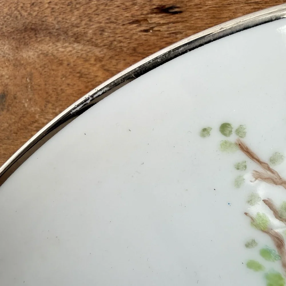 VTG Late 20 Century Easter Plate with Hand Painted Bunny Rabbit Eggs Silver Trim